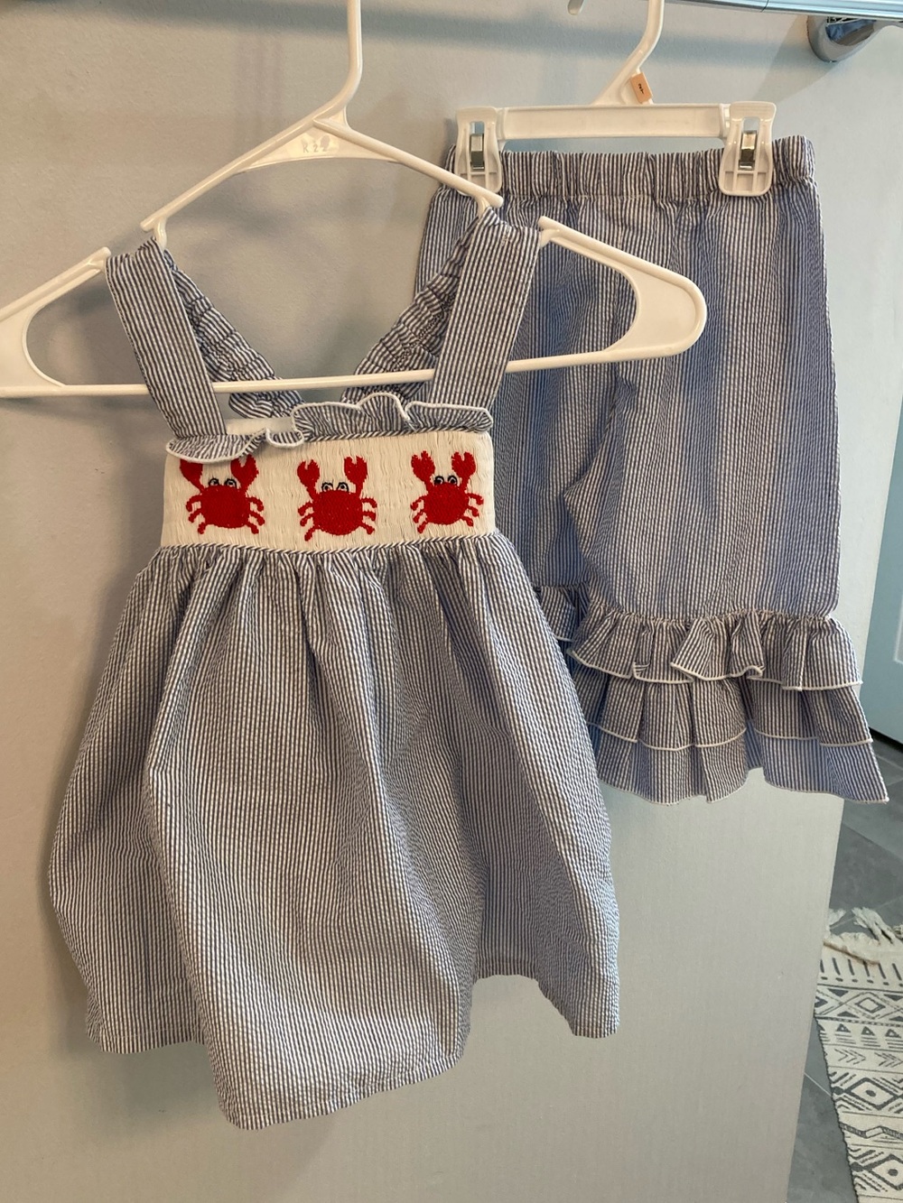 Smock Monkey Blue Gingham Kids 4T Matching Set with Red Crab Embroidery